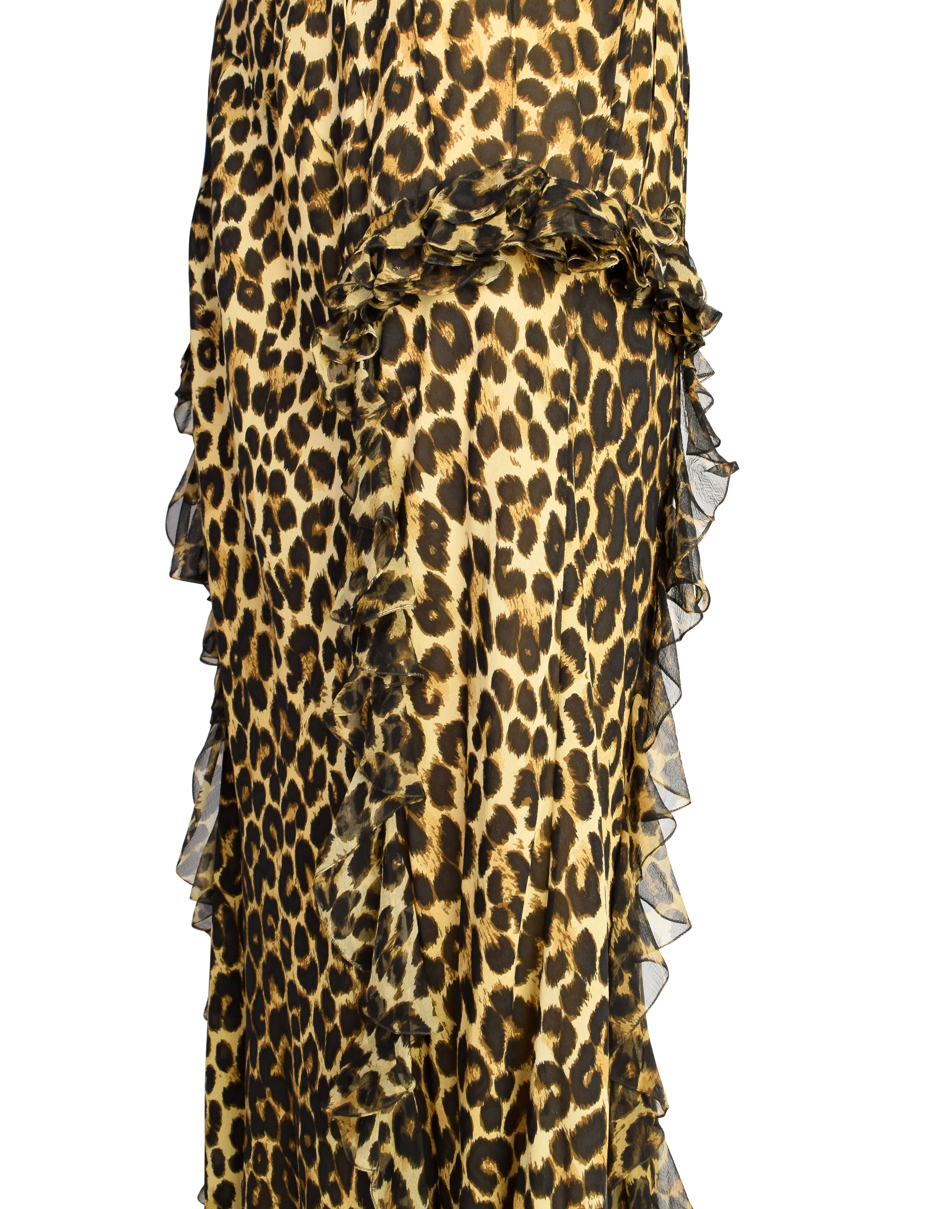 John Galliano Vintage AW2002 Leopard Print Silk Chiffon Ruffle Bias Gown with Matching Shawl