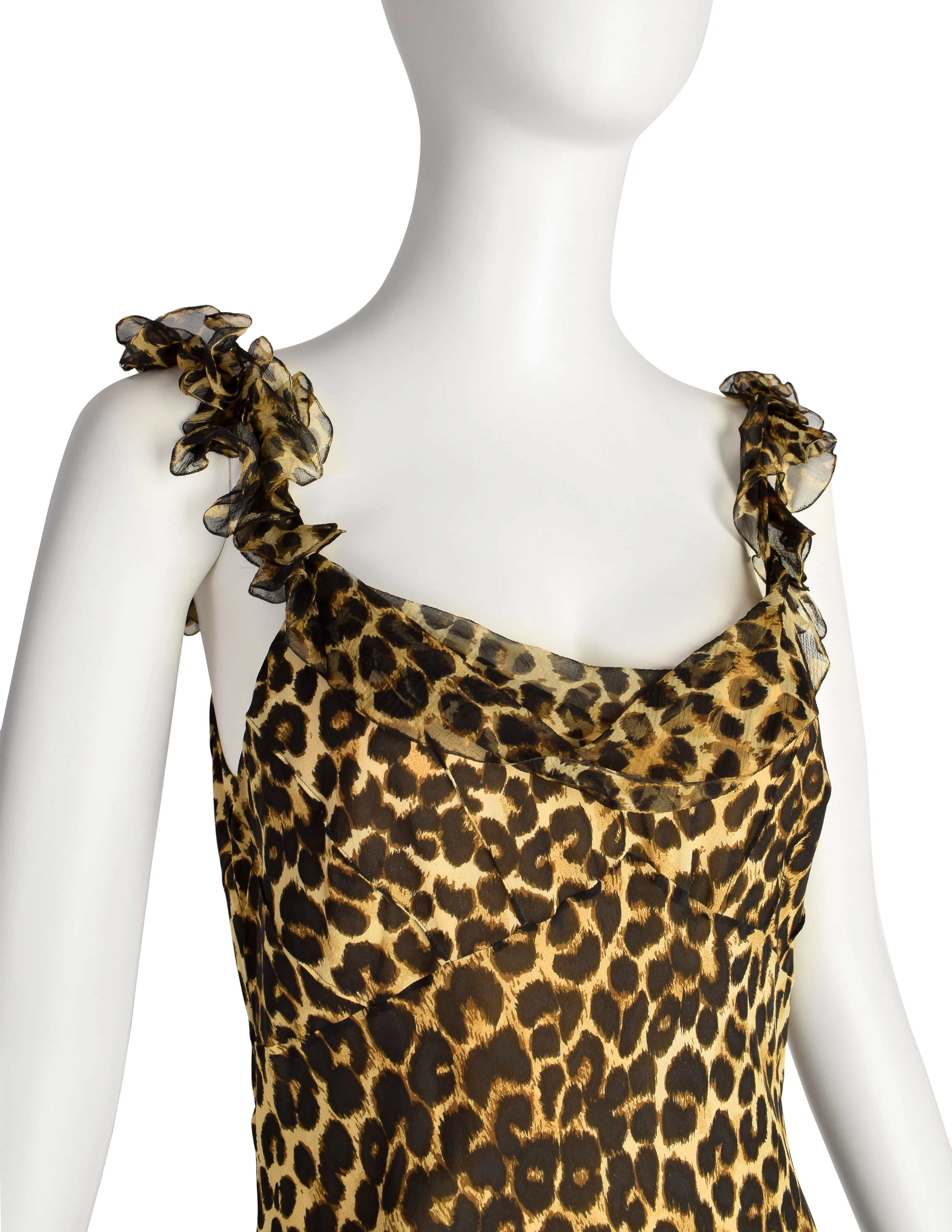 John Galliano Vintage AW2002 Leopard Print Silk Chiffon Ruffle Bias Gown with Matching Shawl