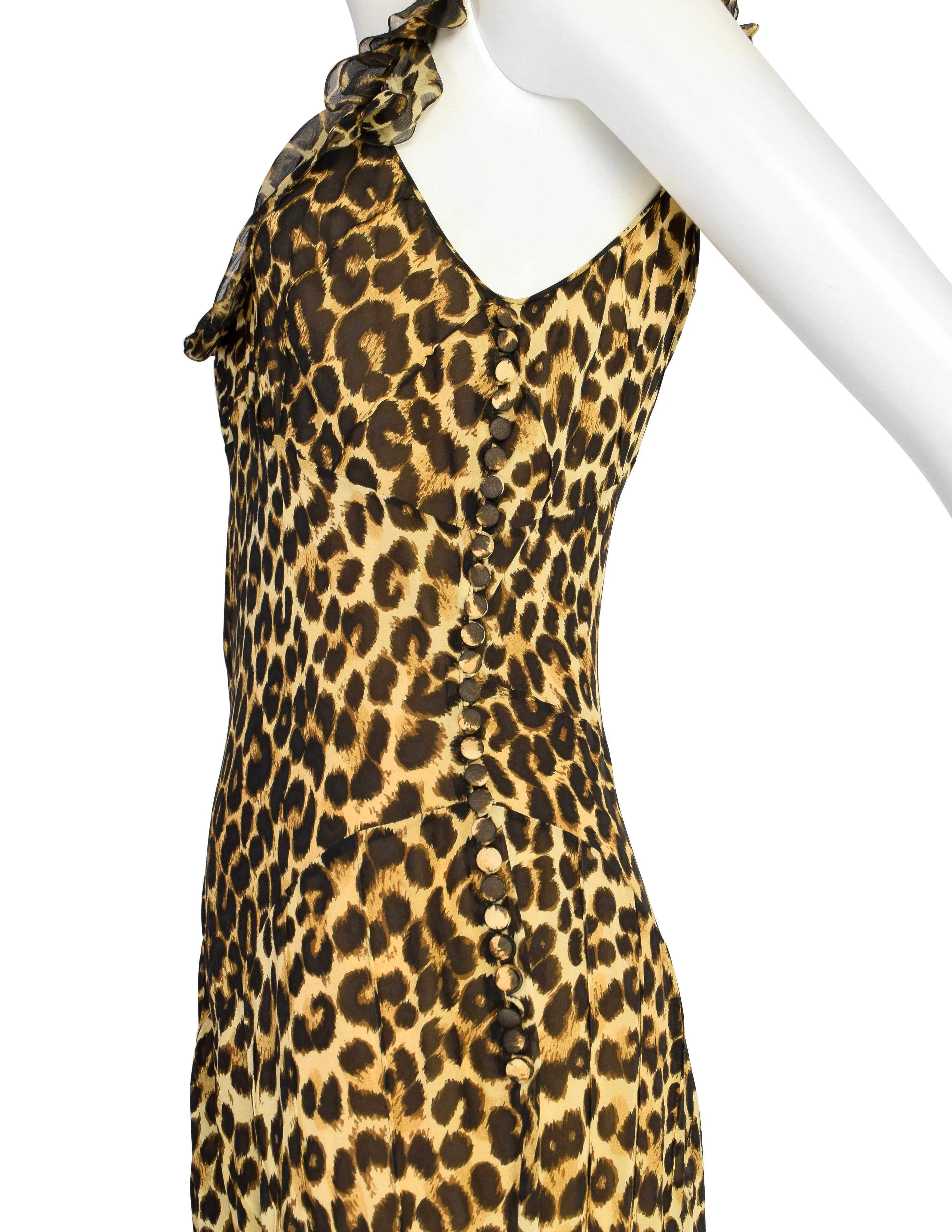 John Galliano Vintage AW2002 Leopard Print Silk Chiffon Ruffle Bias Gown with Matching Shawl