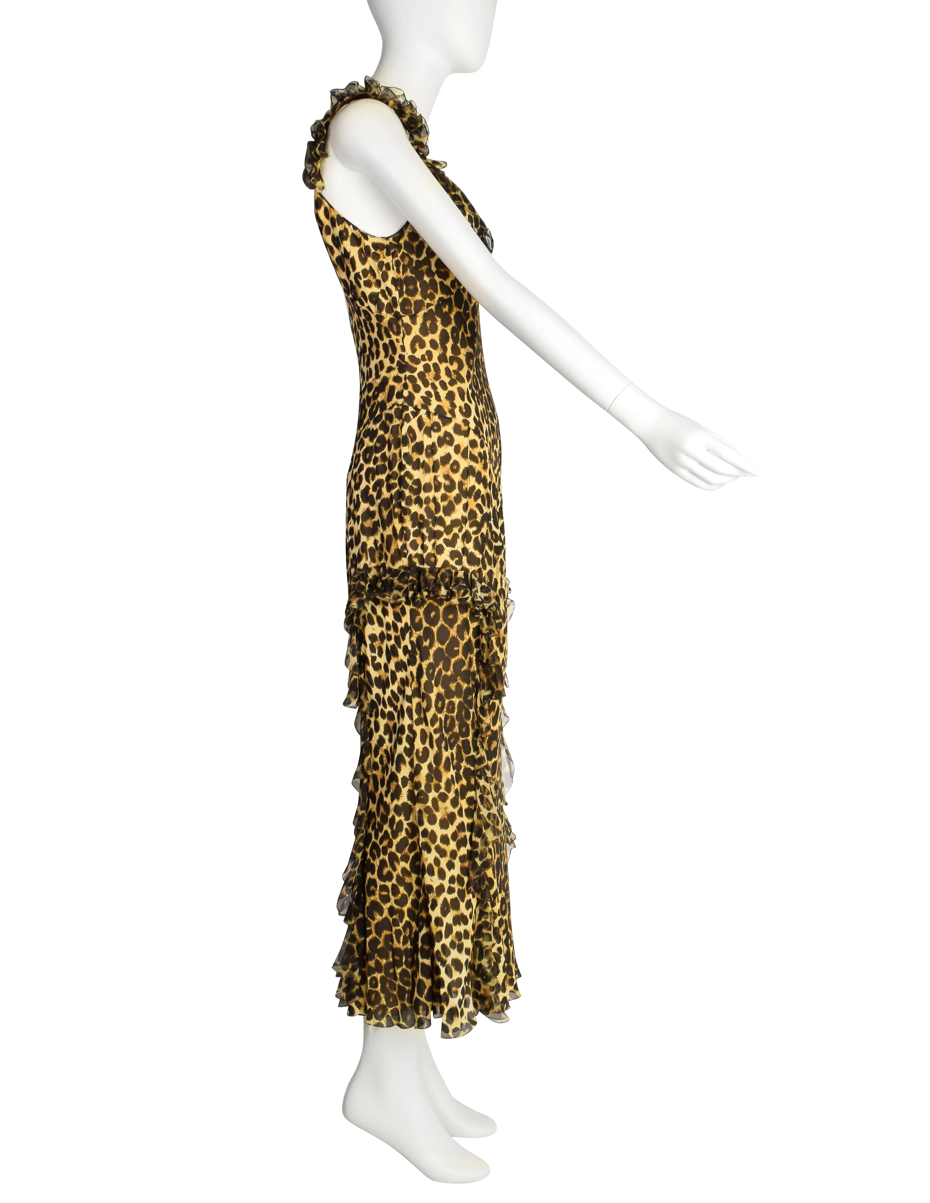 John Galliano Vintage AW2002 Leopard Print Silk Chiffon Ruffle Bias Gown with Matching Shawl