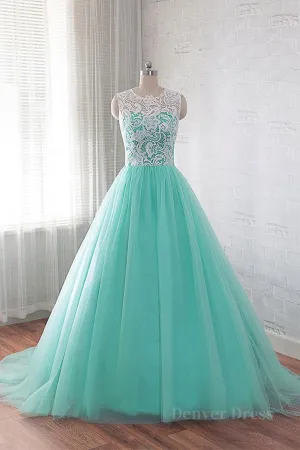 kamahe Round Neck Green Lace Tulle Long Prom Dresses, Green Lace Formal Dresses, Green Evening Dresses