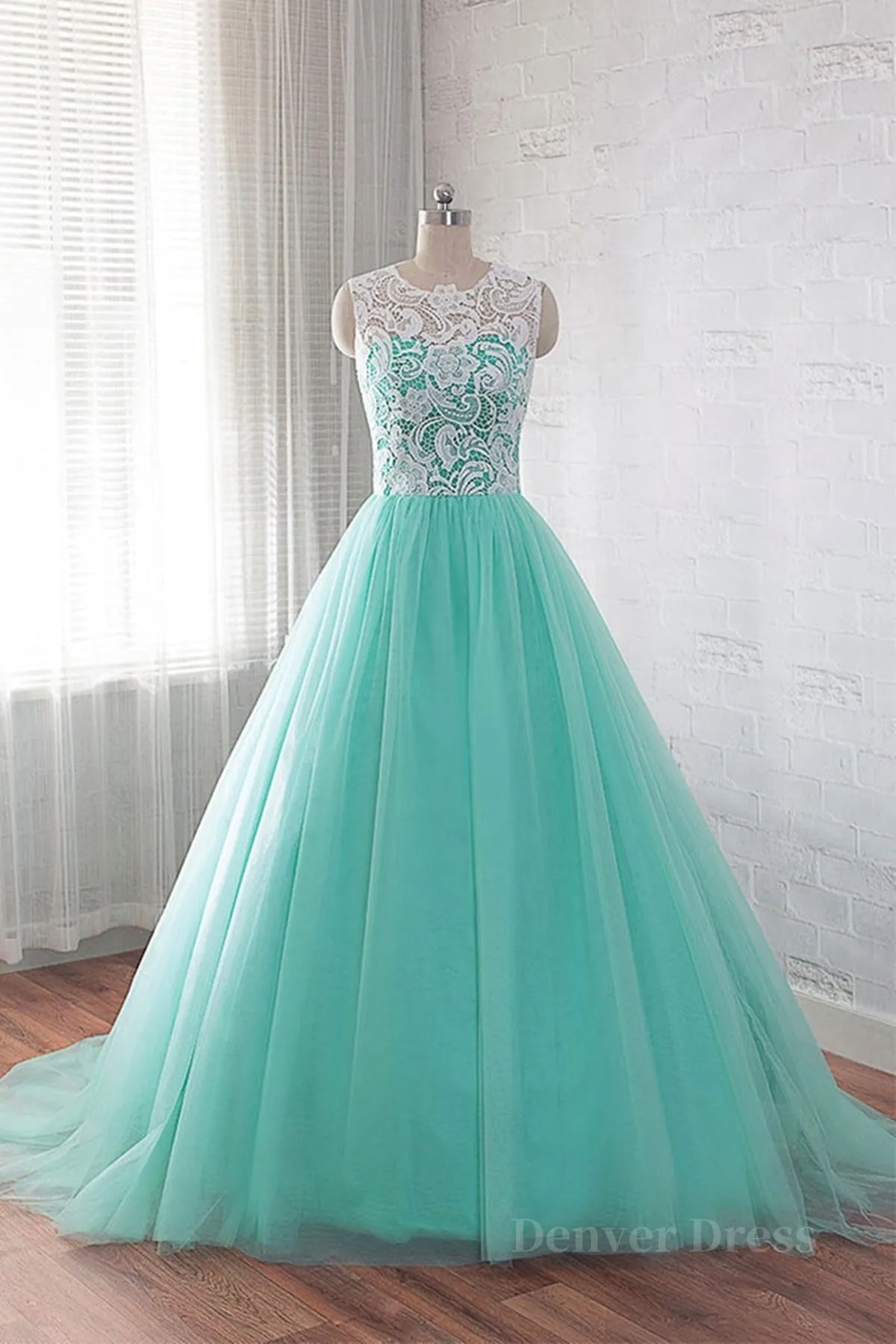 kamahe Round Neck Green Lace Tulle Long Prom Dresses, Green Lace Formal Dresses, Green Evening Dresses