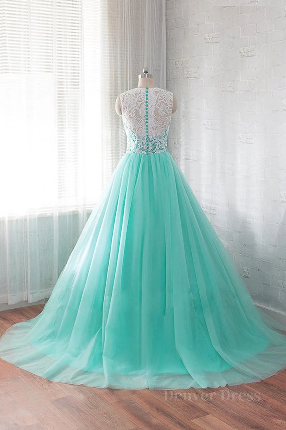 kamahe Round Neck Green Lace Tulle Long Prom Dresses, Green Lace Formal Dresses, Green Evening Dresses