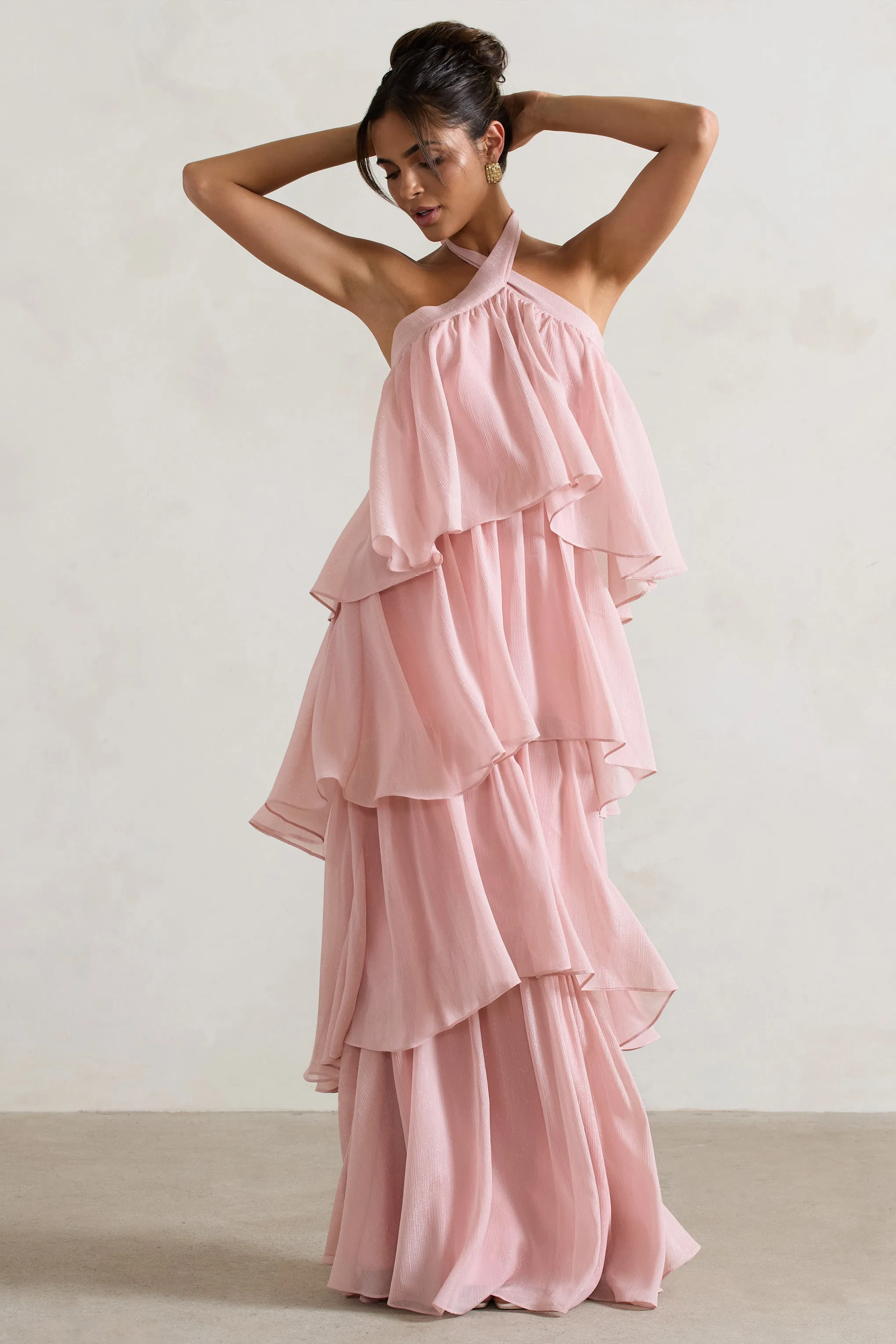 Kassiah | Light Pink Halter-Neck Ruffle Maxi Dress