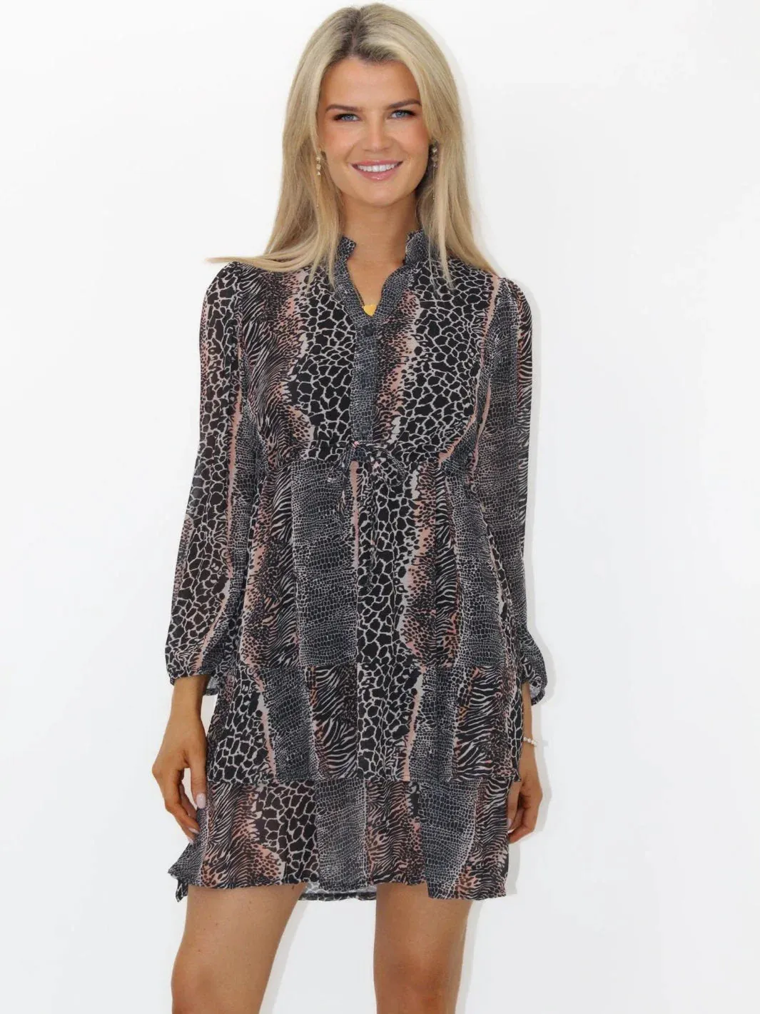 Kate And Pippa Latina Animal print Tiered mini dress. Tan Mix