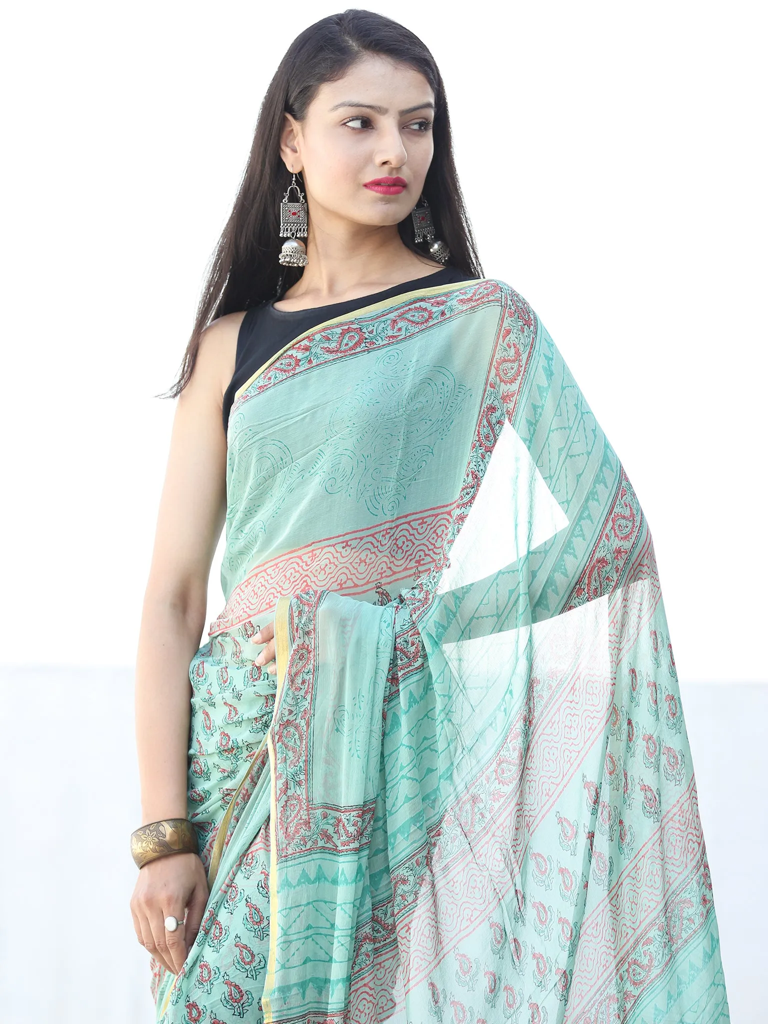 Light Green Coral Hand Block Printed Chiffon Saree with Zari Border - S031703941