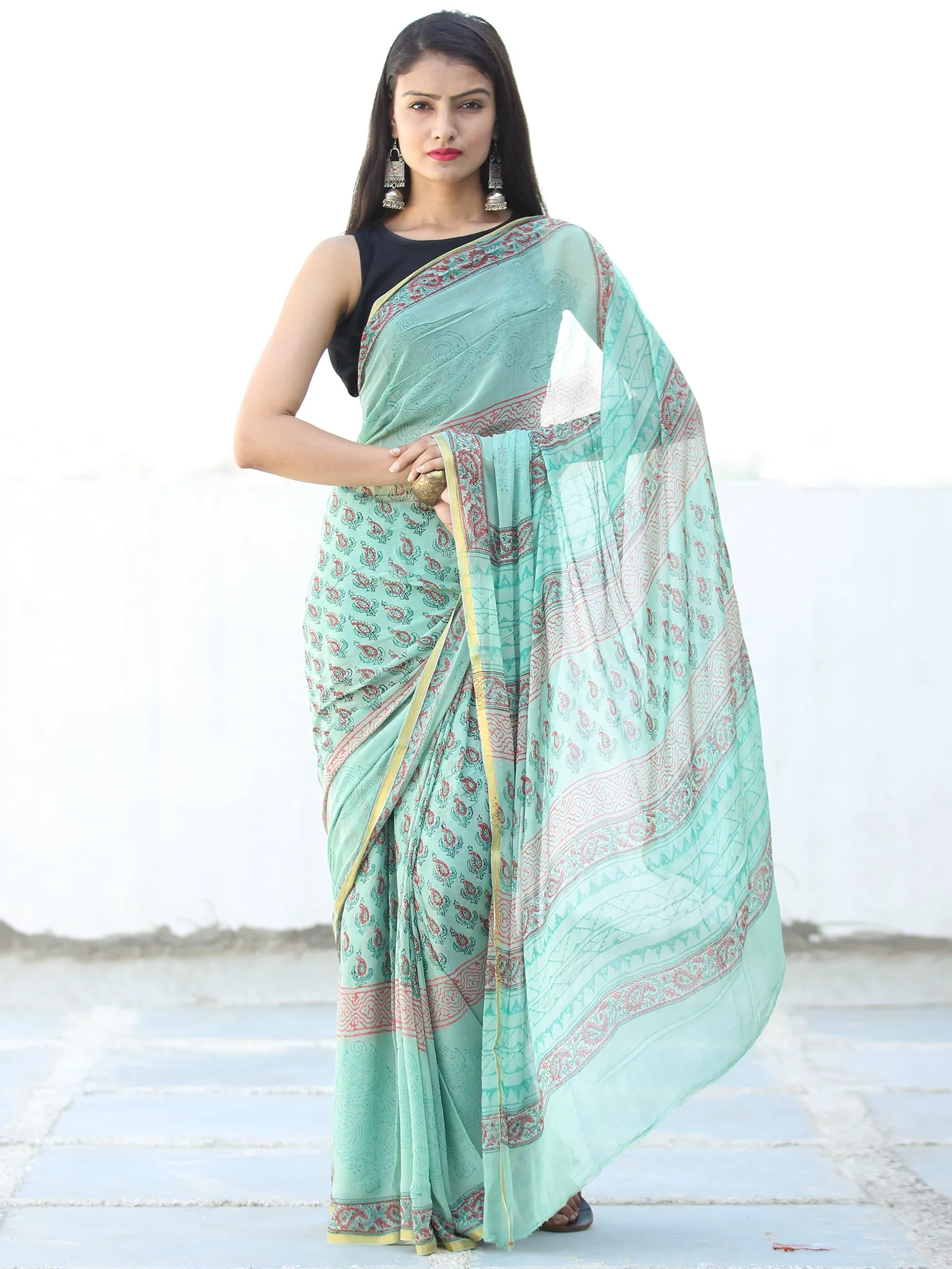 Light Green Coral Hand Block Printed Chiffon Saree with Zari Border - S031703941