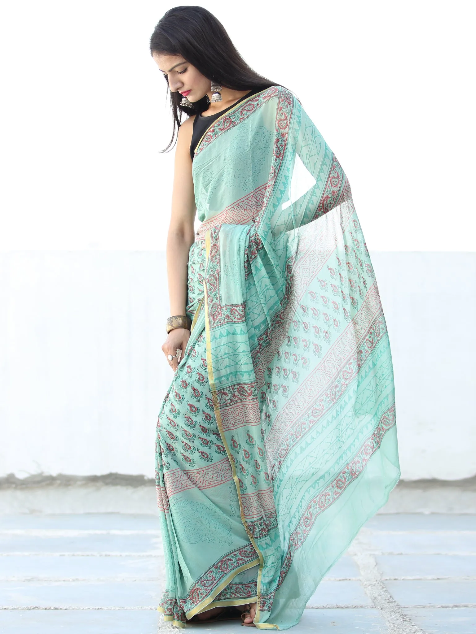 Light Green Coral Hand Block Printed Chiffon Saree with Zari Border - S031703941