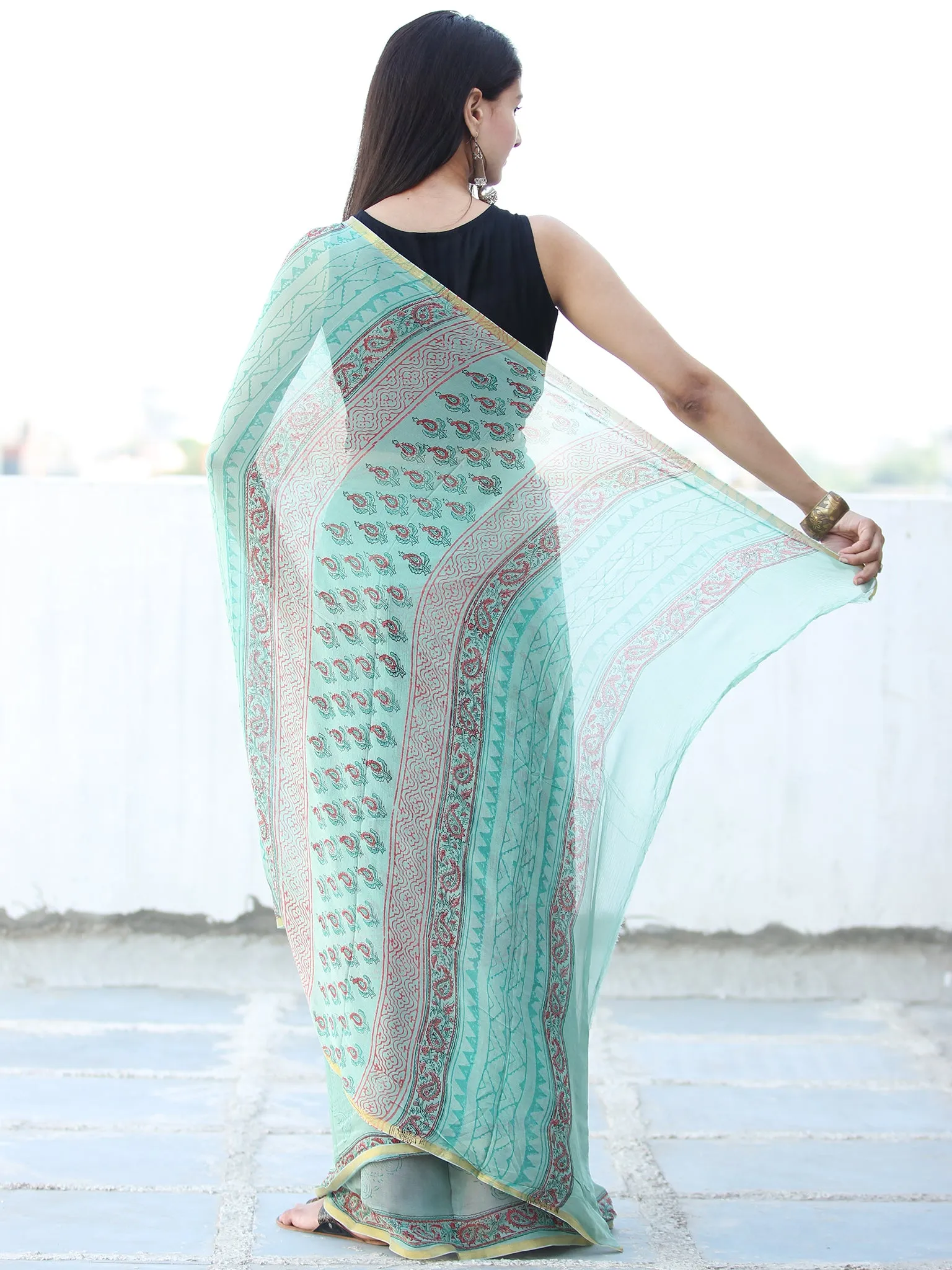 Light Green Coral Hand Block Printed Chiffon Saree with Zari Border - S031703941