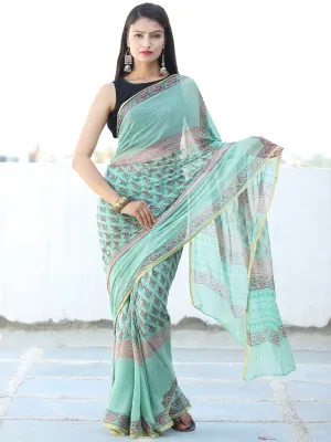 Light Green Coral Hand Block Printed Chiffon Saree with Zari Border - S031703941