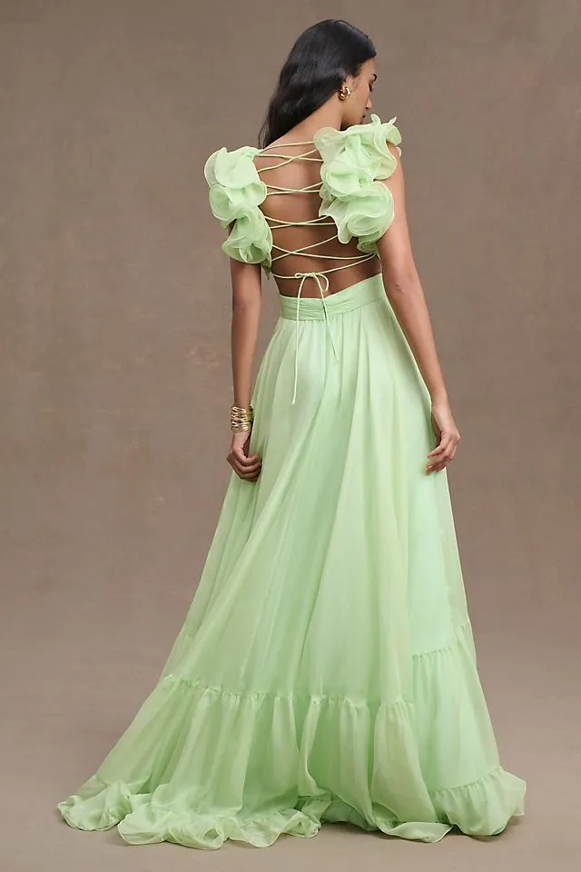 Mac Duggal Chiffon A-Line Dress with Lace Back and Indy Ruffles green