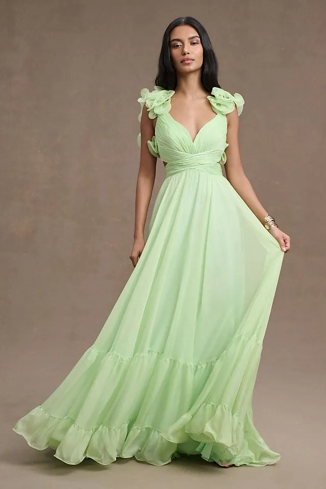 Mac Duggal Chiffon A-Line Dress with Lace Back and Indy Ruffles green