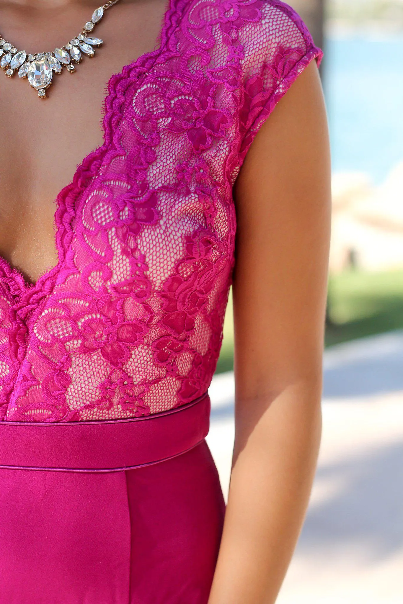 Magenta Lace Top Maxi Dress with Side Slit