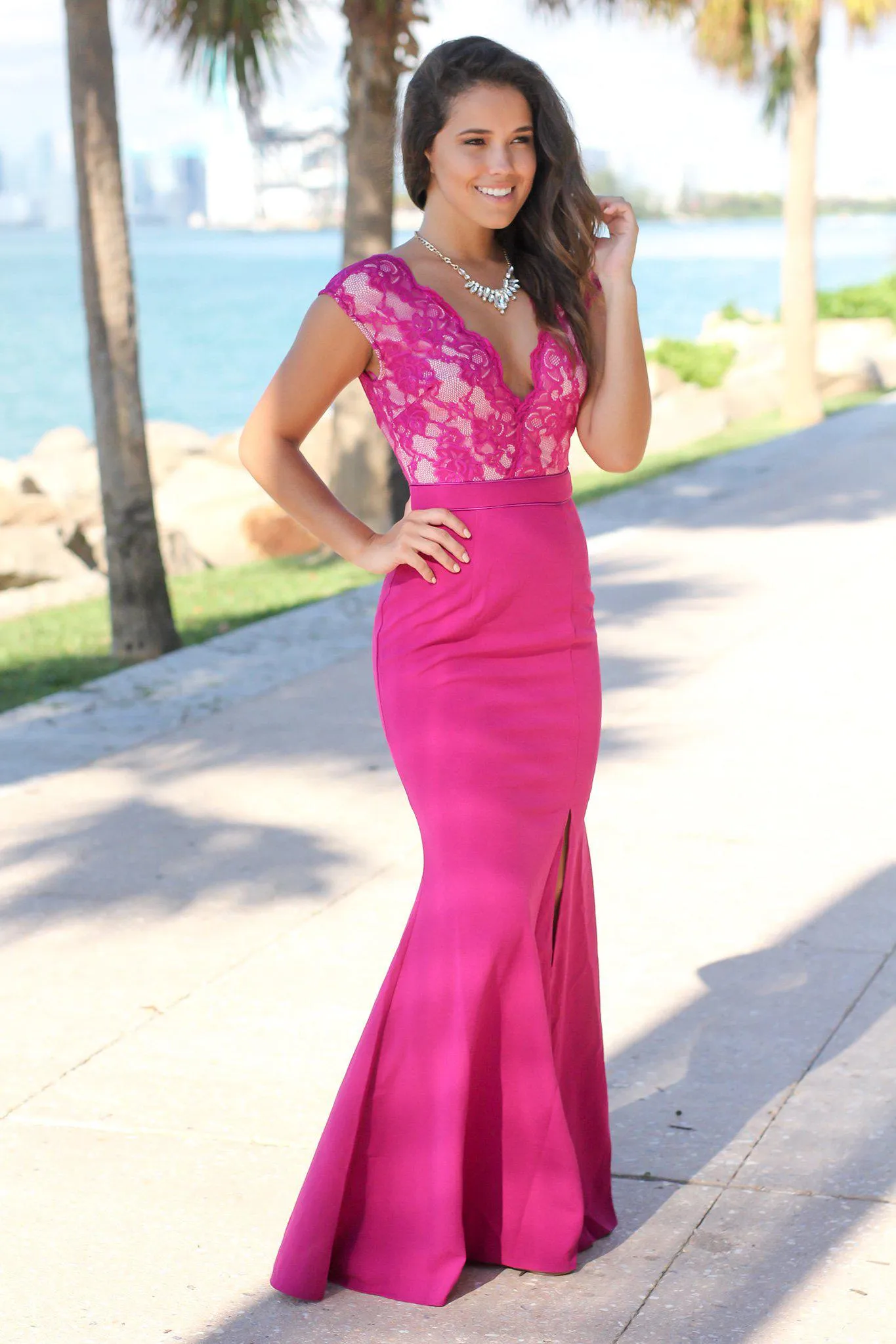 Magenta Lace Top Maxi Dress with Side Slit