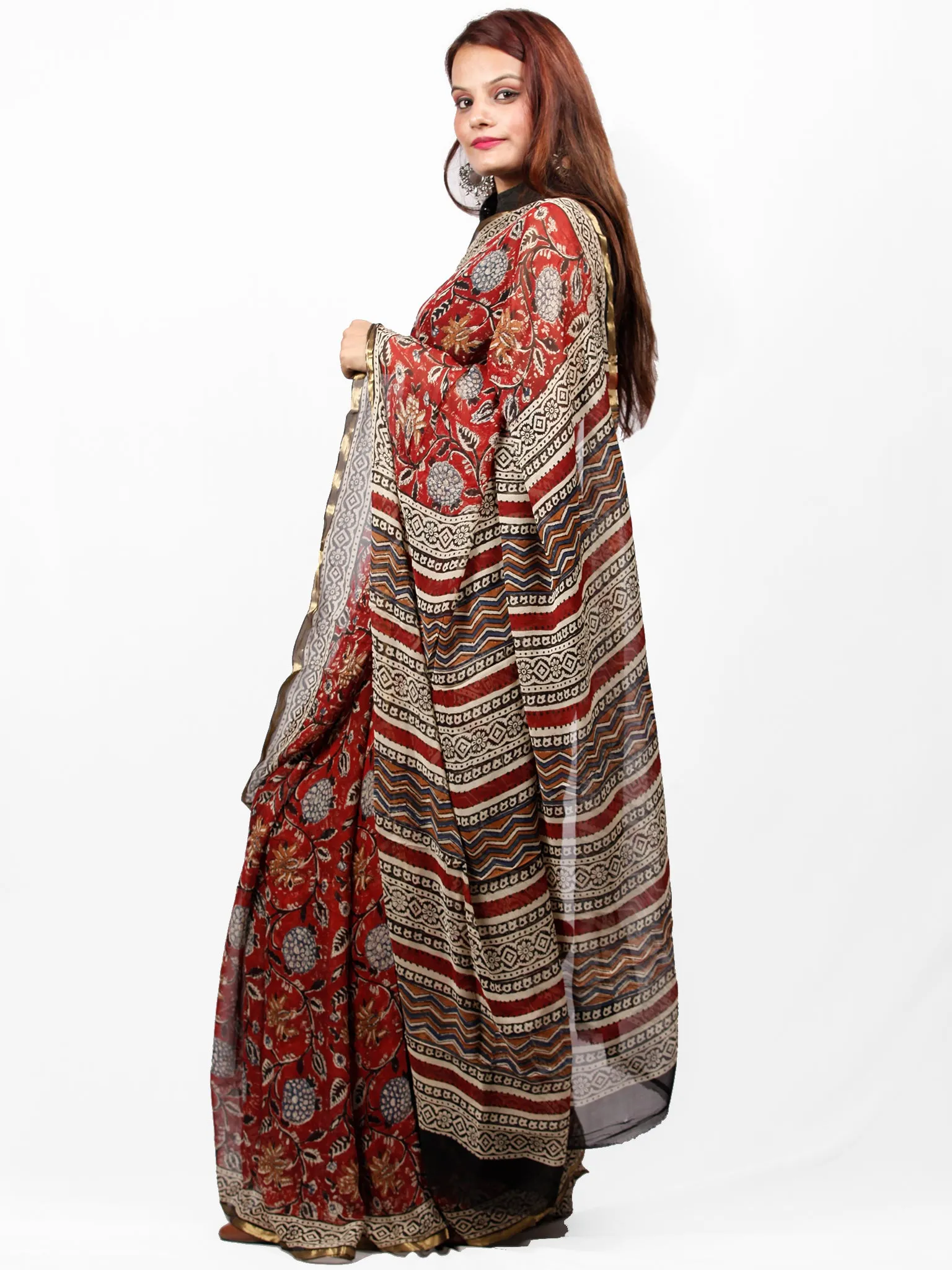 Maroon Mustard White Black Hand Block Printed Chiffon Saree with Zari Border - S031703435