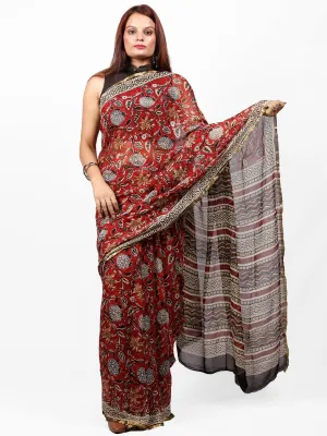 Maroon Mustard White Black Hand Block Printed Chiffon Saree with Zari Border - S031703435