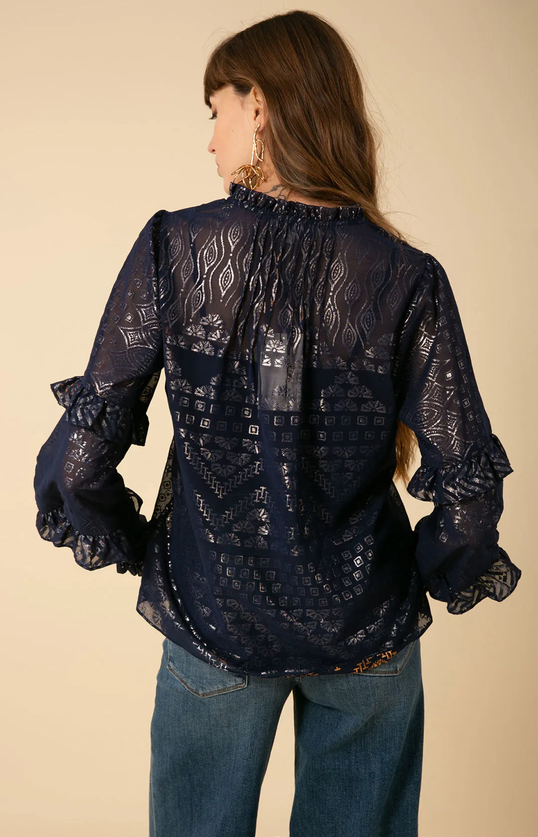 Mäelys Foiled Chiffon Lace-Up Top