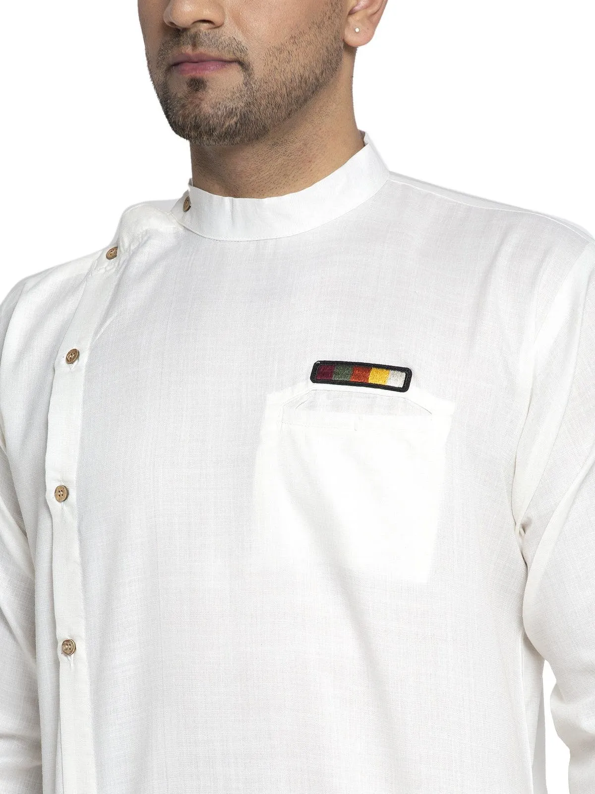 Men's Cotton White Asymmetric Solid Kurta With Trousers - Benstoke