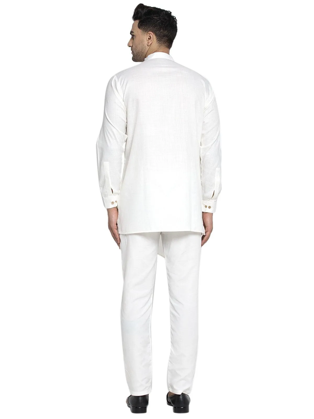 Men's Cotton White Asymmetric Solid Kurta With Trousers - Benstoke