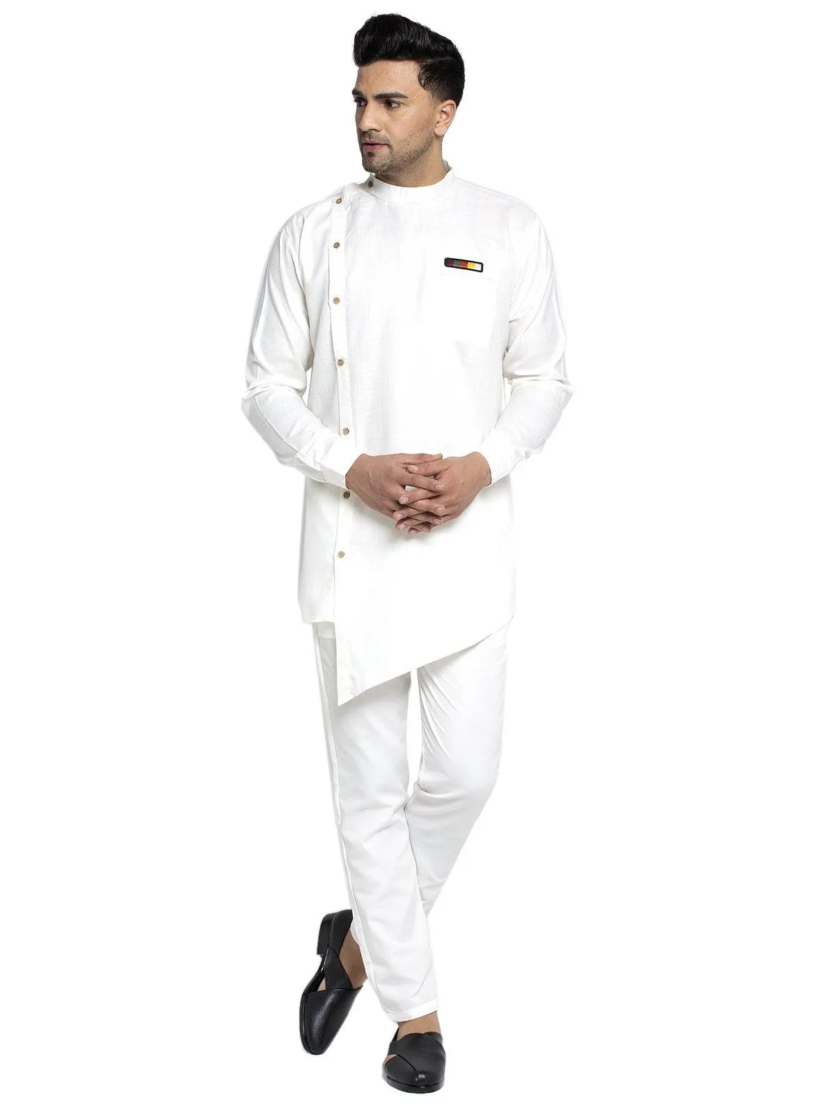 Men's Cotton White Asymmetric Solid Kurta With Trousers - Benstoke