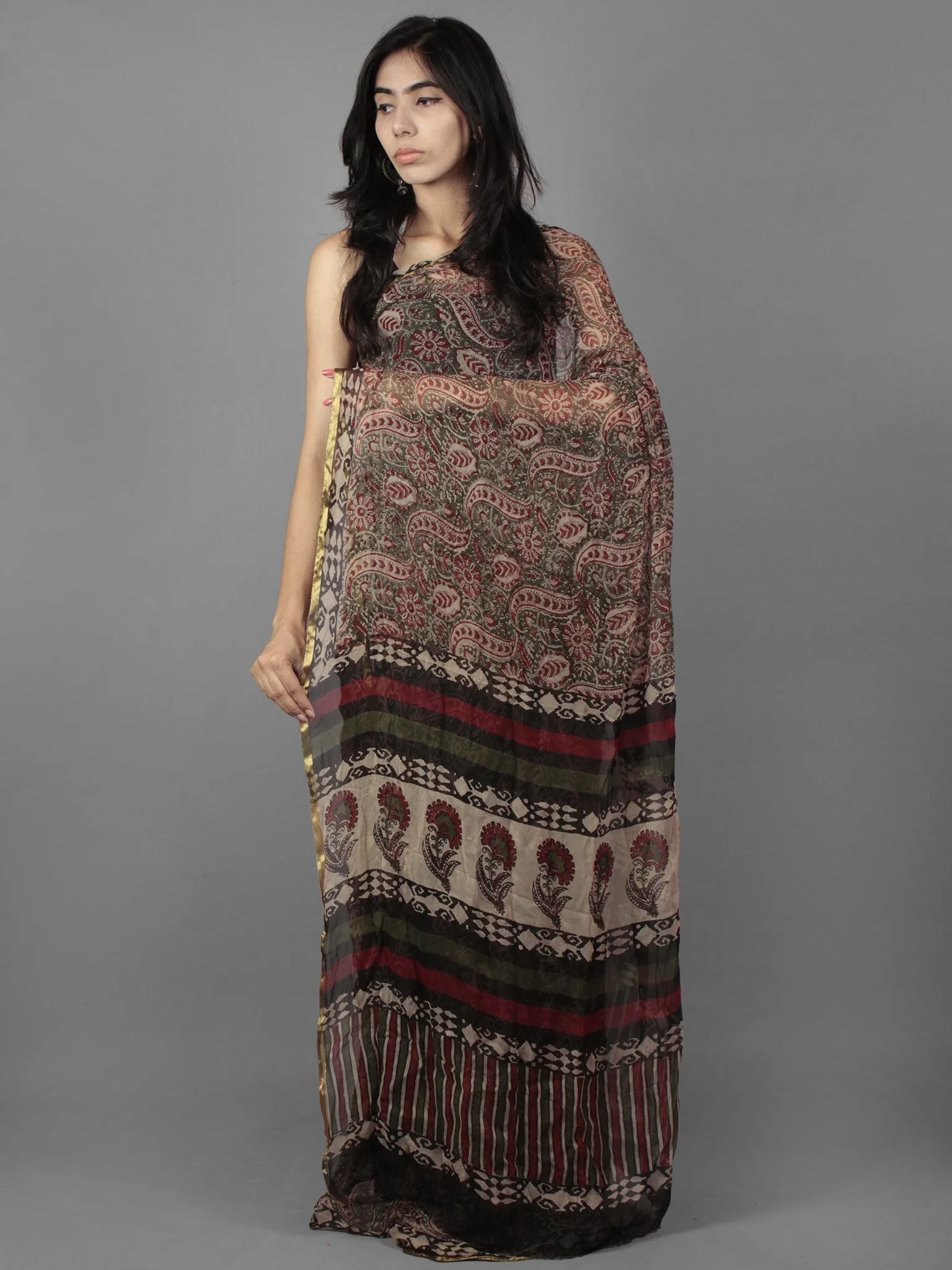 Moss Green Maroon Black Beige Hand Block Printed Chiffon Saree - S031701888