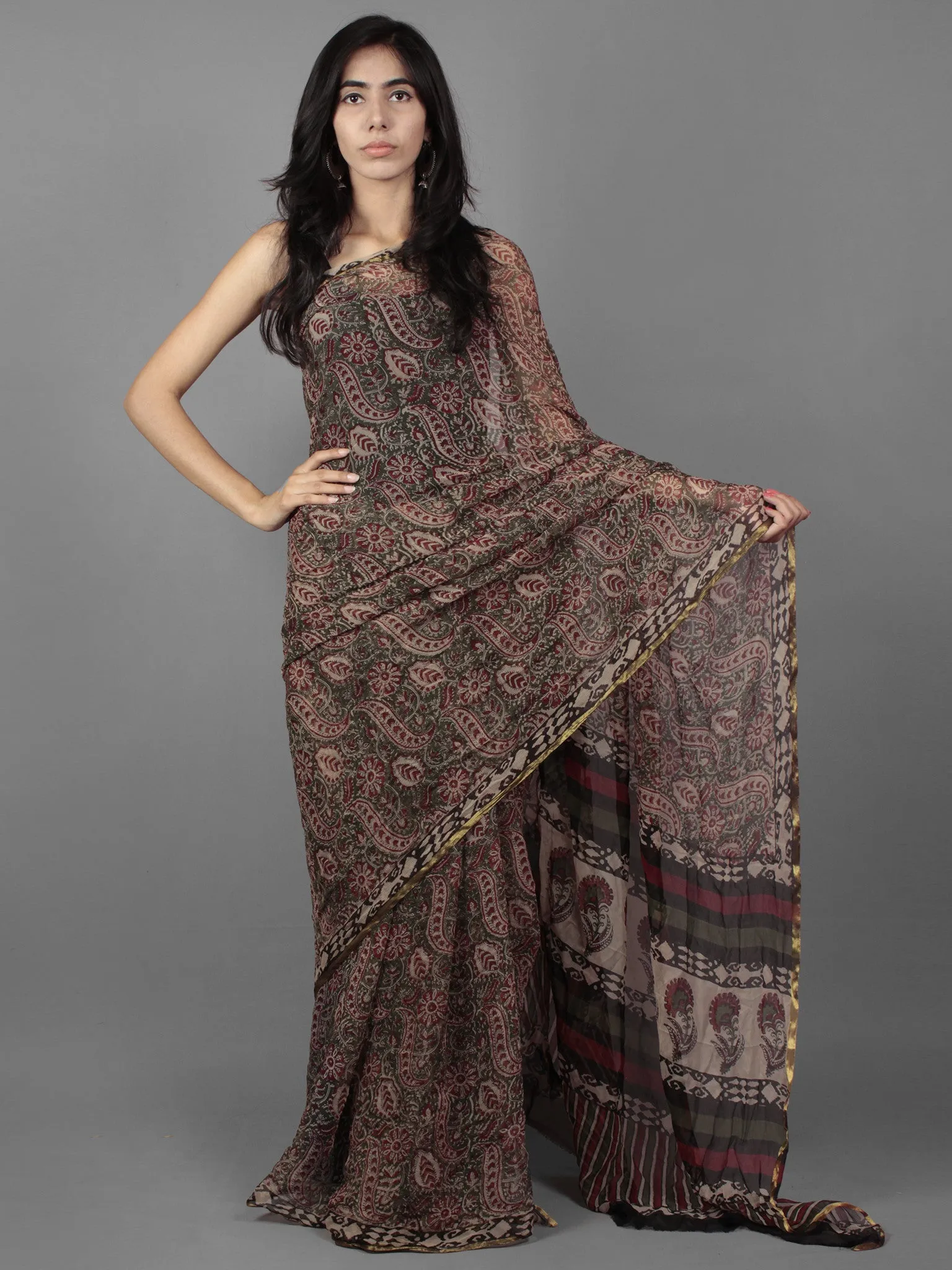 Moss Green Maroon Black Beige Hand Block Printed Chiffon Saree - S031701888