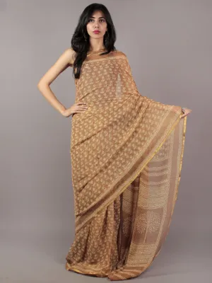 Mud Brown Beige Hand Block Printed Chiffon Saree - S031701848