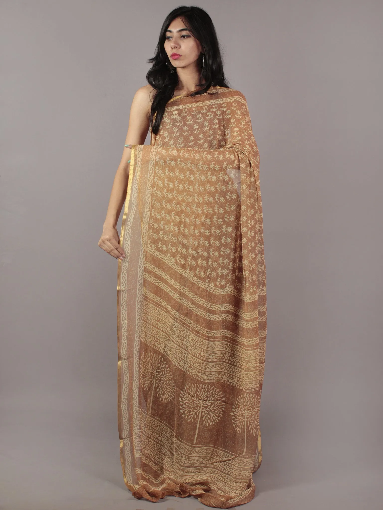 Mud Brown Beige Hand Block Printed Chiffon Saree - S031701848