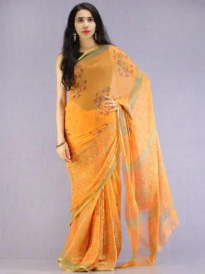 Mustard Red Green Hand Block Printed Chiffon Saree with Zari Border - S031704610