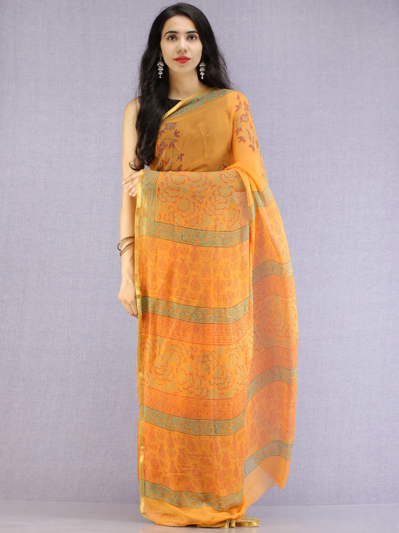 Mustard Red Green Hand Block Printed Chiffon Saree with Zari Border - S031704610