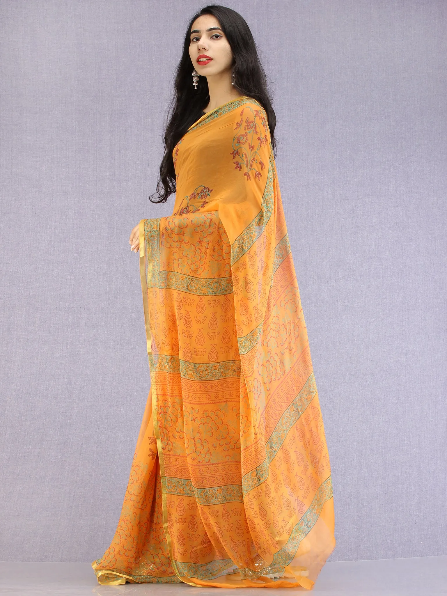 Mustard Red Green Hand Block Printed Chiffon Saree with Zari Border - S031704610