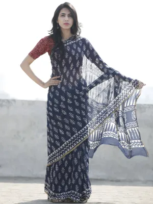 Navy Blue white Hand Block Printed Chiffon Saree With Zari Border - S031702613