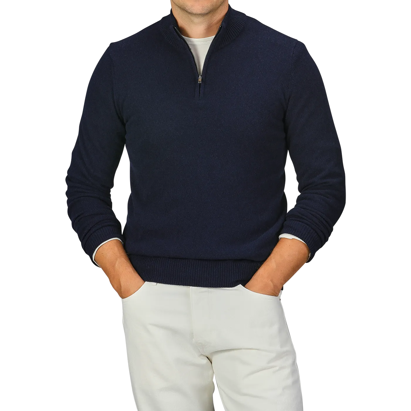 Navy Blue Wool Cashmere Quarter Zip Sweater