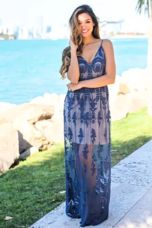 Navy Embroidered Sleeveless Maxi Dress