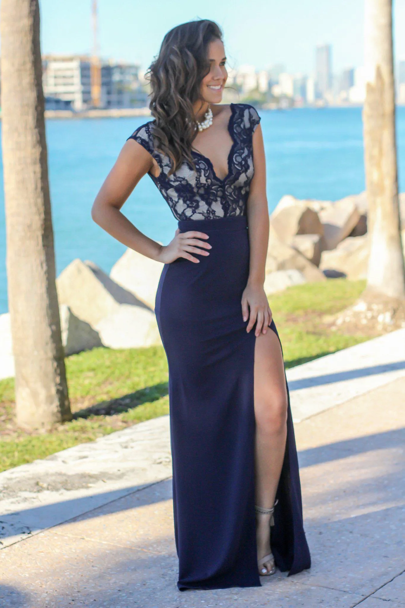 Navy Lace Top Maxi Dress with Side Slit