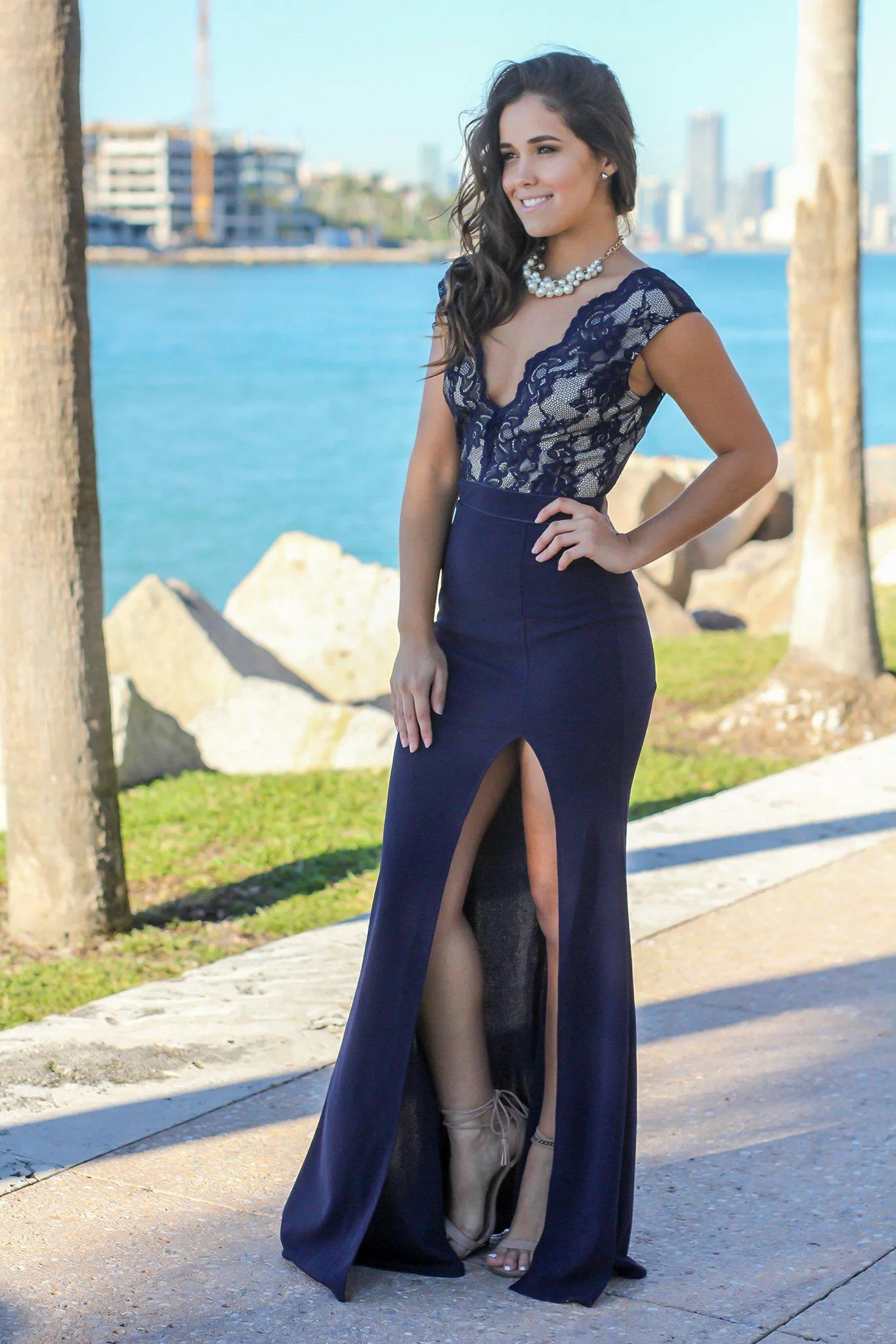 Navy Lace Top Maxi Dress with Side Slit