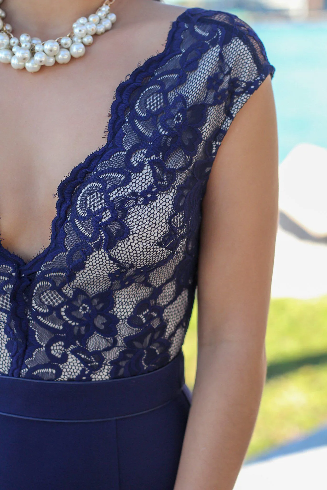 Navy Lace Top Maxi Dress with Side Slit