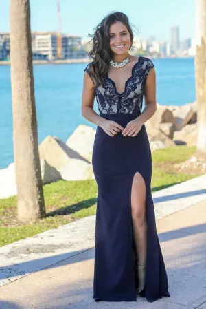 Navy Lace Top Maxi Dress with Side Slit