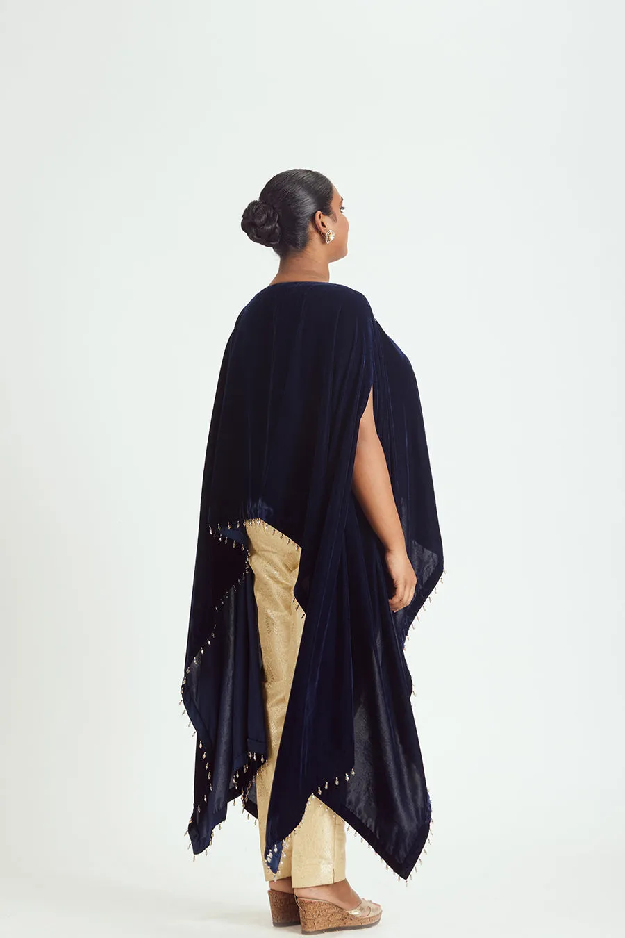 NAVY VELVET PONCHO BROCADE TROUSER SET