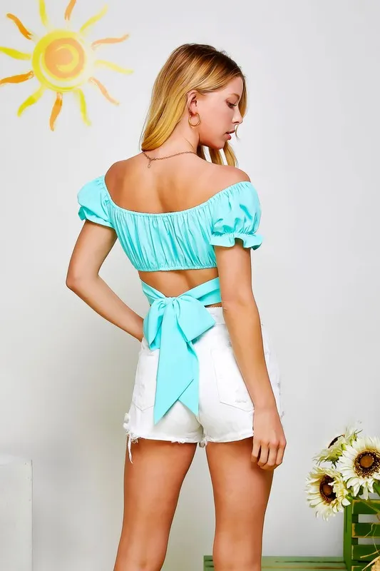 OFF SHOULDER PLEATED CROP TOP WITH BACK RIBBON TIE