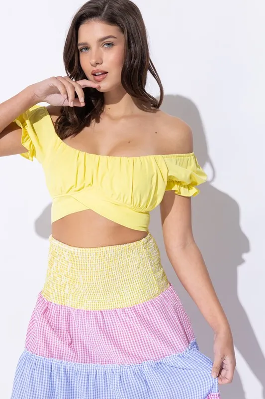 OFF SHOULDER PLEATED CROP TOP WITH BACK RIBBON TIE