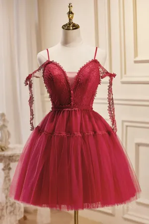 Off the Shoulder Short Burgundy Lace Prom Dresses Wine Red Short Lace Formal Graduation Dresses