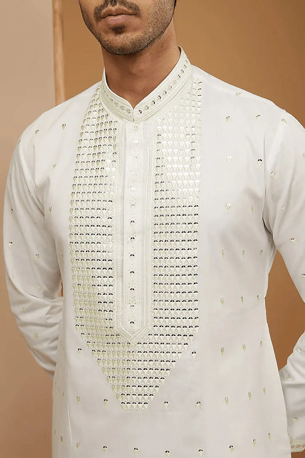 Off White Mirror Embroidered Kurta Set