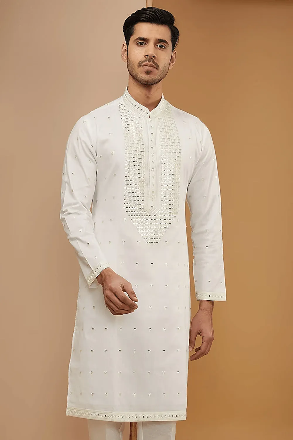 Off White Mirror Embroidered Kurta Set