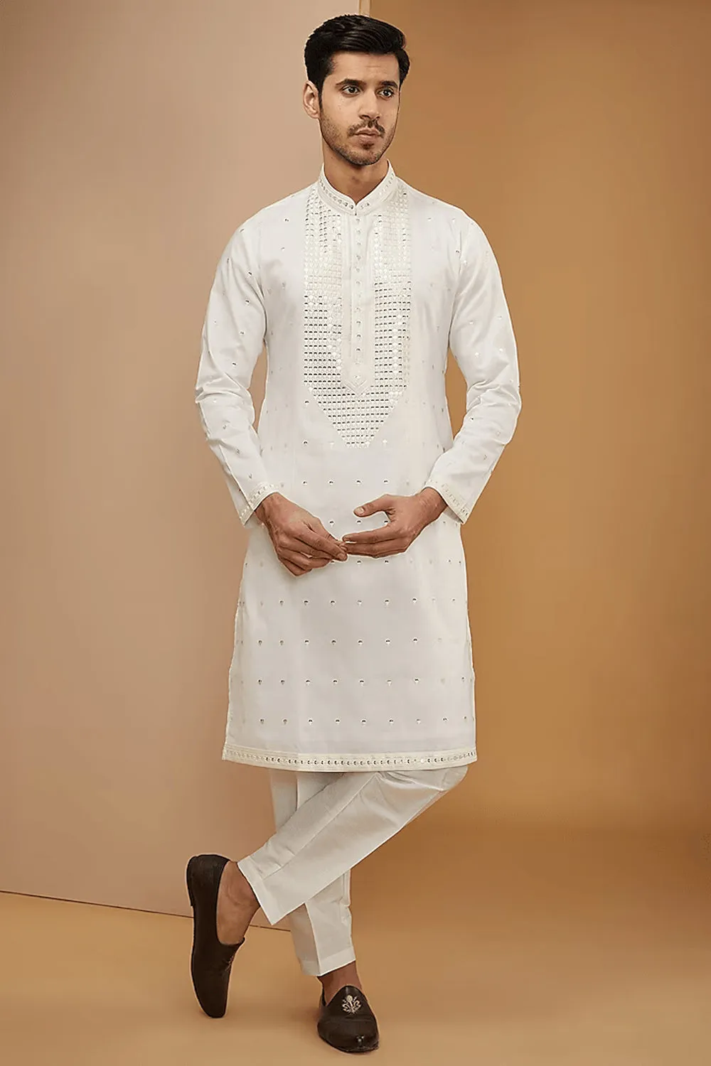 Off White Mirror Embroidered Kurta Set