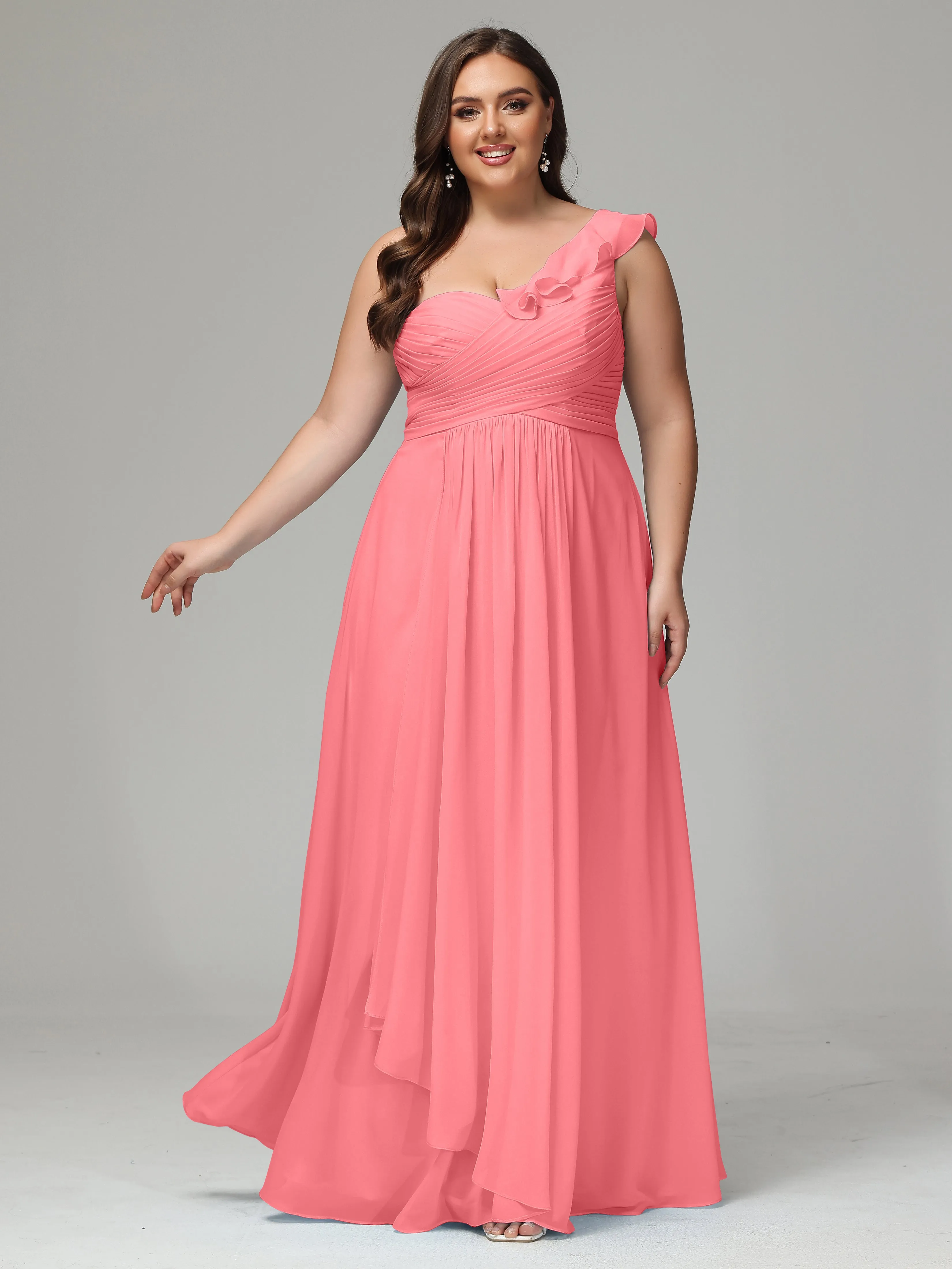 One-Shoulder Ruffles Chiffon Plus Size Bridesmaid Dresses