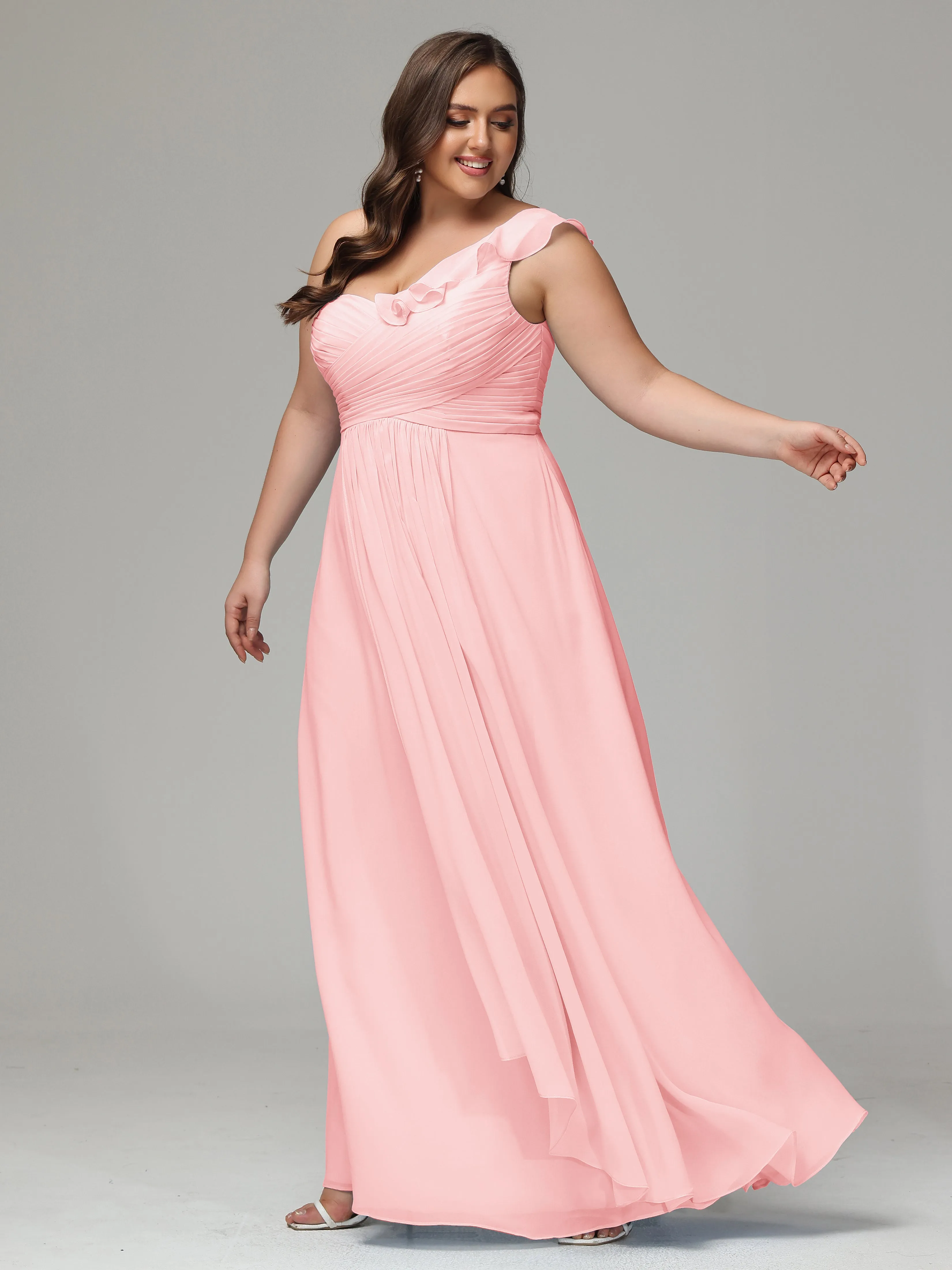 One-Shoulder Ruffles Chiffon Plus Size Bridesmaid Dresses