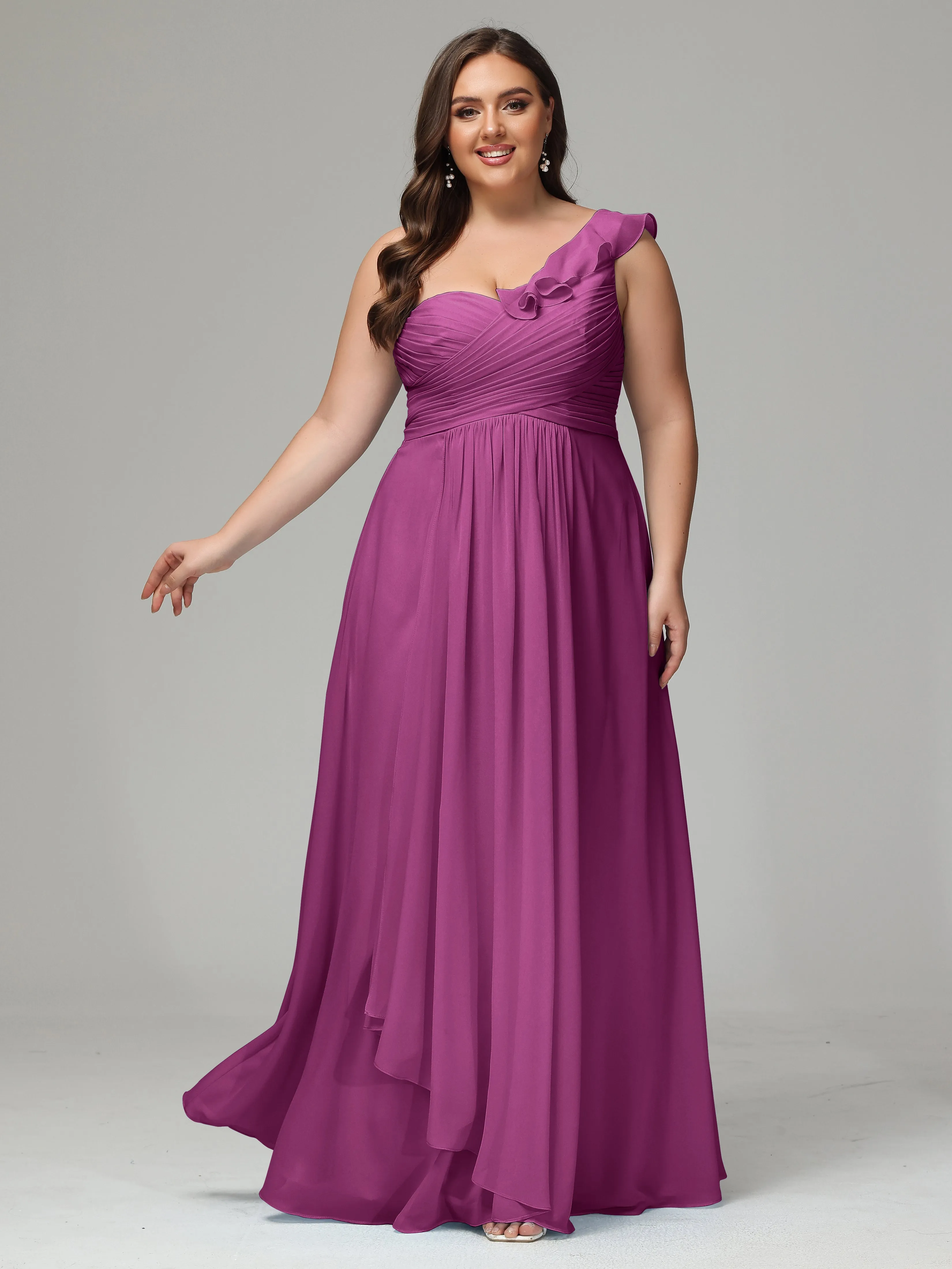 One-Shoulder Ruffles Chiffon Plus Size Bridesmaid Dresses