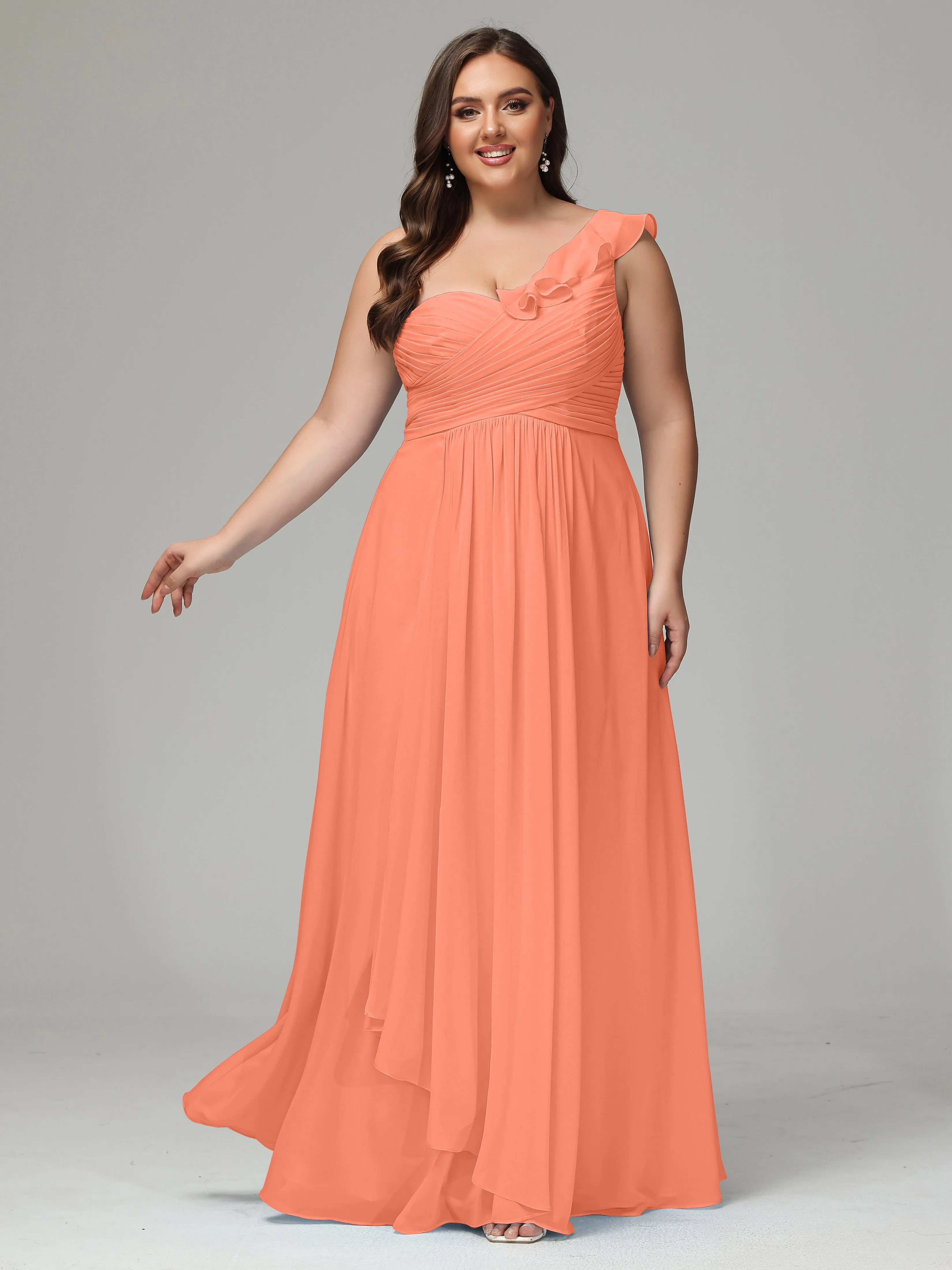 One-Shoulder Ruffles Chiffon Plus Size Bridesmaid Dresses