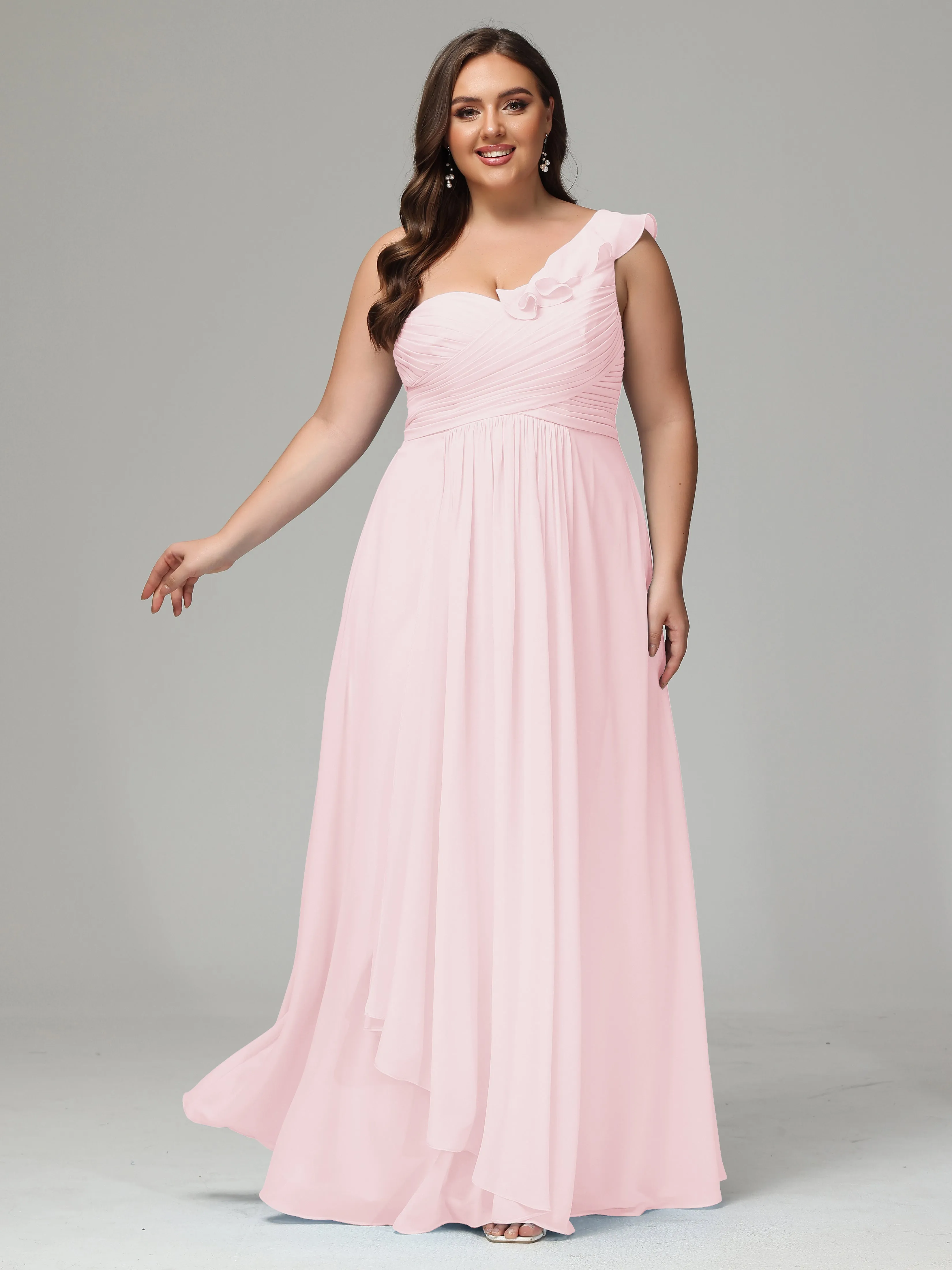 One-Shoulder Ruffles Chiffon Plus Size Bridesmaid Dresses